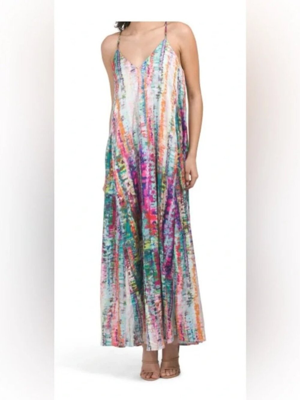 NWT Nicole Miller Watercolor Abstract Print Satin Charmeuse Maxi Dress Size M